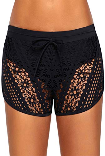 Ocean Plus Mujer Elegante Verano Croché Cordón Bañador Pantalones Cortos de Natación Enorme Fondo de Bikini Hotpants Boxer Shorts de Playa Talla Grande (M (EU 36-38), A-Negro)