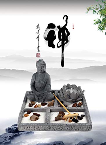OM HOME Jardin Zen Figura Buda en Bandeja Cuadrada,con portavela en Forma de Flor de Loto, Roca y Arena decoración con Embalaje Mejorado