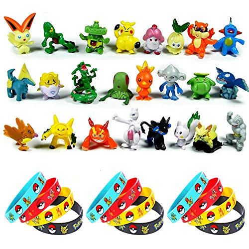 OMZGXGOD 24 Piezas Pokemon Monster Mini Figure 2-3cm in Random+12 Piezas Pulsera de Silicona，Fiesta para niños y Adultos