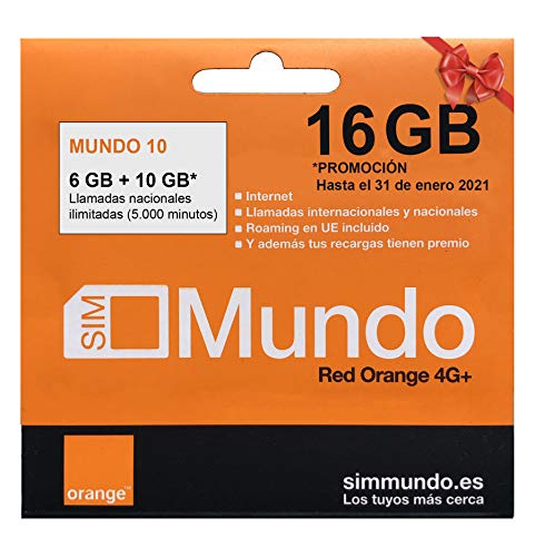 Orange - Tarjeta SIM Prepago (Mundo-10) 16 GB en España | Llamadas Nacionales ilimitadas | 5,5 GB Roaming en Europa | Activación Online | Velocidad 4G Orange - Tarjeta SIM Prepago (Mundo-10) 16 GB en España | Llamadas Nacionales ilimitadas | 5,5 GB Roaming en Europa | Activación Online | Velocidad 4G