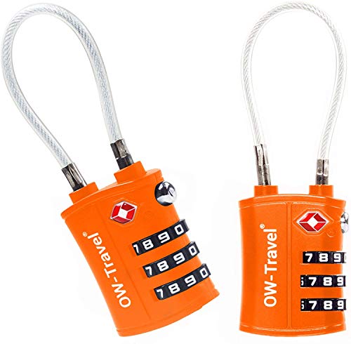 OW-Travel Candado Combinacion Cable Acero Flexible Anti robo. Candado maleta TSA numerico 3 Digitos. Candados mochila y maletas. Candado Taquilla Gimnasio. TSA candado seguridad equipaje Naranja 2
