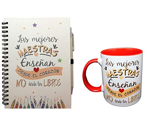 PACK TAZA Y LIBRETA con frase LAS MEJORES MAESTRAS ENSEÑAN DESDE EL CORAZON NO DESDE LOS LIBROS REGALO PROFE, REGALO MAESTRA