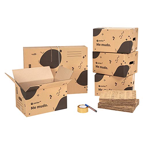 packer PRO Pack Mudanza Eco con 5 Cajas Carton Mudanza 600x300x275mm, 10 Cajas Carton Mudanza 430x300x250mm, Cinta Adhesiva, 25 Mallas de Protección para Embalaje, Rotulador Permanente