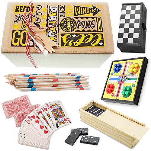 Partituki Pack Juegos de Mesa Clásicos Incluye: Mini Parchís, Mini Damas, Dominó, Baraja de Póker y Mikado