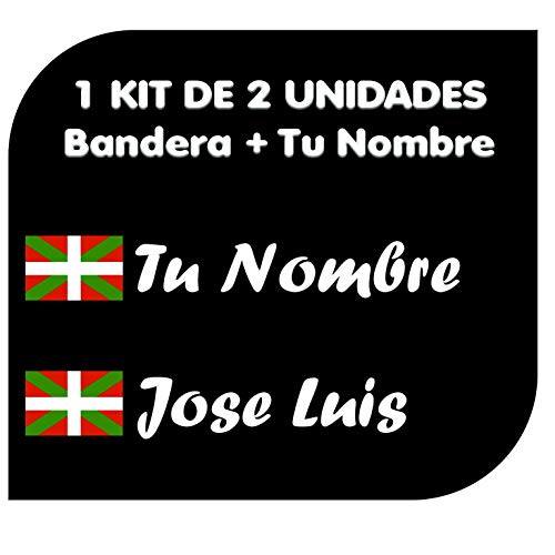 Pegatina Vinilo Bandera Pais Vasco (Ikurriña) + tu Nombre - Bici, Casco, Pala De Padel, Monopatin, Coche, Moto, etc. Kit de Dos Vinilos (Pack Fuentes 1)