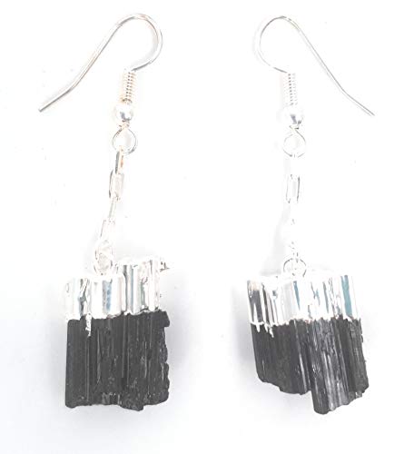 Pendientes de Turmalina Negra en Bruto Baño de Plata Brasil Piedra Natural 100% Belleza Energética Meditacion Amuletos Espirituales