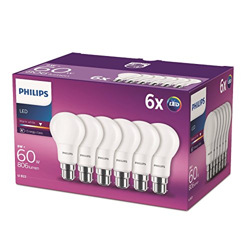 Philips - Bombilla LED con casquillo de bayoneta de 8 W (60 W) , 230 V, Blanco cálido, pack de 6 Philips - Bombilla LED con casquillo de bayoneta de 8 W (60 W) , 230 V, Blanco cálido, pack de 6