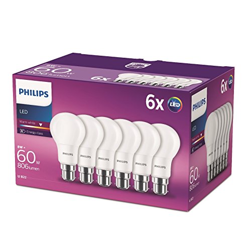 Philips - Bombilla LED con casquillo de bayoneta de 8 W (60 W) , 230 V, Blanco cálido, pack de 6