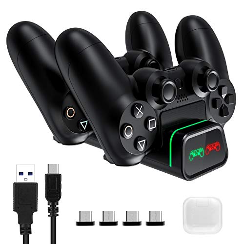 PICTEK Cargador Mando PS4, Carga Ultrarrápido con Tira de Luz y LED Indicador, Soporte Mando PS4 USB, Compatible con Playstation4, PS4, PS4 Pro, PS4 Slim