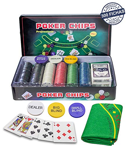 Professional Set de póker Caja de Metal, 300 fichas de pókerr, 2 Cubiertas, botón de repartidor, ciega pequeña, Gran ciega, tapete de Juego