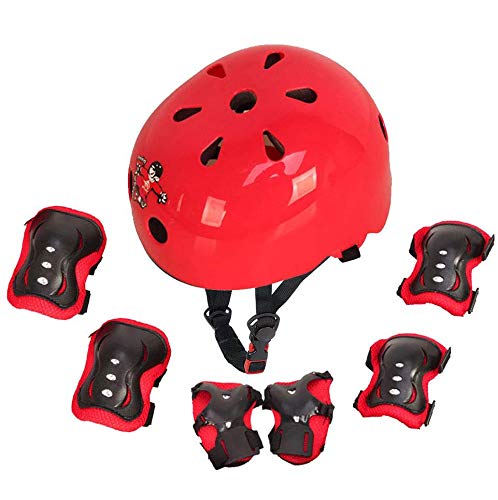 Protecciones Infantiles Skate Bicicleta Monopatín Casco, Protección Infantil Consta de Casco Ajustable Rodilleras Coderas, Patinaje Ciclismo Monopatín y Deportes Extremos (Rojo, M(6-14 años))