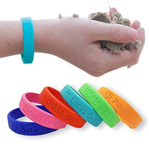 Pulsera personalizada SOS para niños de silicona - Bienpegado - utilizarlas en varios tamaños - resistente al agua y duradera (Naranja)