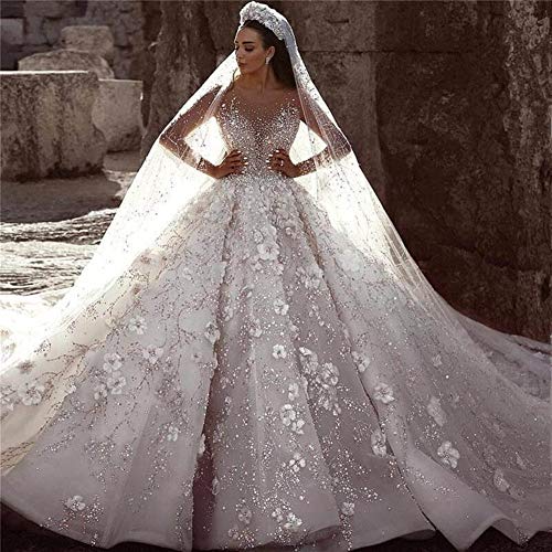 QING XIN-1225 Wedding Dress,Prom Dresses Rebordeó la Novia de la Boda Floral 3D Vestido de Encaje de Manga Larga Vestidos de Novia árabe de Lujo Evening Dresses (Color : Ivory, US Size : 6)