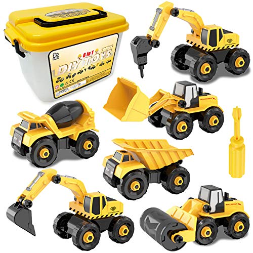QMORE 6 Piezas Desmontar Camiones Grandes de Juguete, Construcción Vehículos Excavadora Tractor de Juguete con Herramientas para 3 4 5 Años Niño y Niña