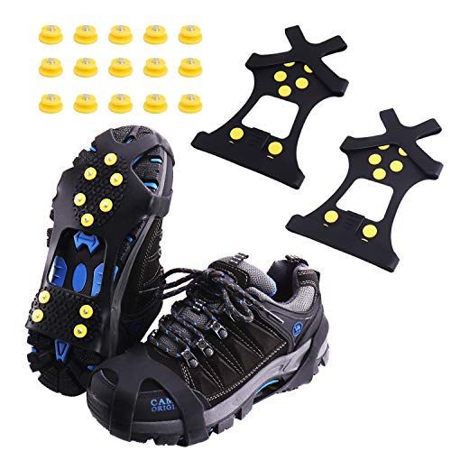 Rakaraka Crampones, Crampones de 10 Dientes Antideslizante para Cámping Alpinismo Acampada Senderismo Marcha Invierno Equipado con 15 Tacos Reemplazables (Negro, M) Rakaraka Crampones, Crampones de 10 Dientes Antideslizante para Cámping Alpinismo Acampada Senderismo Marcha Invierno Equipado con 15 Tacos Reemplazables (Negro, M)