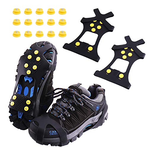 Rakaraka Crampones, Crampones de 10 Dientes Antideslizante para Cámping Alpinismo Acampada Senderismo Marcha Invierno Equipado con 15 Tacos Reemplazables (Negro, M)