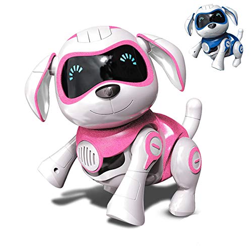 RCTecnic Perro Robot para Niños Rock Perrito de Juguete Interactivo con Emociones y Movimiento, Ladra y Juega con su Hueso, Batería Recargable y Cable USB Muy Resistente y Divertido (Rosa)