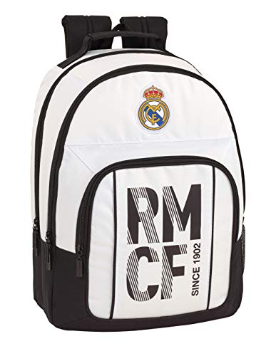 Real Madrid CF Equipaje para niños Mochila Grande Doble Adaptable a Carro, Blanco, 42 cm