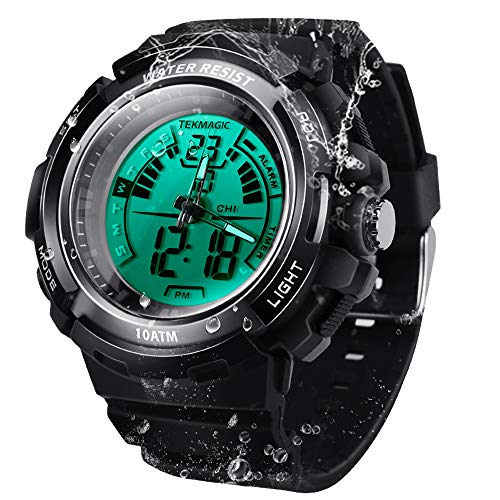 Reloj de 10 ATM luminoso, sumergible para buceo, cronómetro sumergible, compatible con pantalla dual huso horario, formato 12/24 horas, movimiento digital y analógico