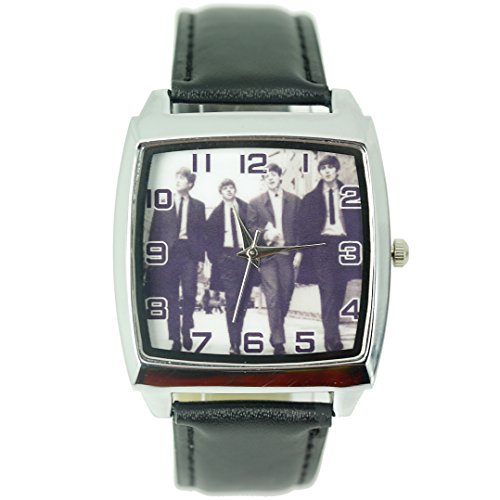 Reloj de pulsera Taport® con diseño de The Beatles de cuarzo cuadrado, con malla de cuero real, batería de repuesto y bolsa de regalo