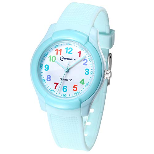 Relojes Analógicos para Niñas,Niños Impermeable Fácil de Leer Relojes de Pulsera con Correa Suave para Niñas (Número del Color-Azul)