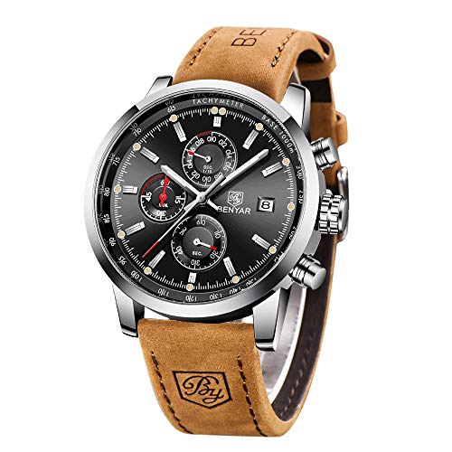 Relojes para Hombre BENYAR Cronógrafo Movimiento Cuarzo Impermeable 3AMT Diseño Militar Deportivo de Moda Relojes de Pulsera Correa de Cuero Regalo Elegante