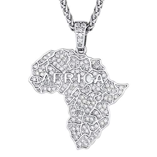 Richsteel Hip Hop Charm Necklace for Men, Collar Espiga Ajustable, Mapa Africa Plateado con Diamante de imitación, Gratis Caja de Regalo