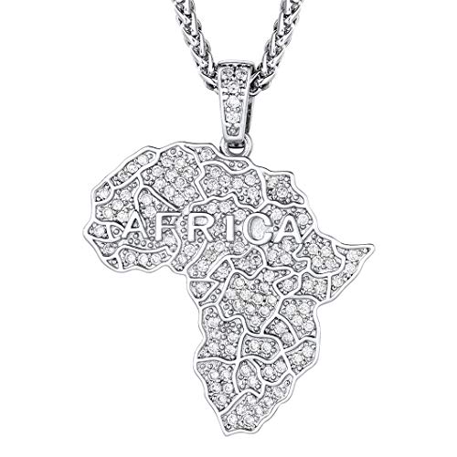 Richsteel Hip Hop Charm Necklace for Men, Collar Espiga Ajustable, Mapa Africa Plateado con Diamante de imitación, Gratis Caja de Regalo Richsteel Hip Hop Charm Necklace for Men, Collar Espiga Ajustable, Mapa Africa Plateado con Diamante de imitación, Gratis Caja de Regalo
