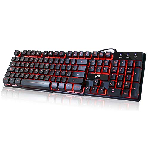 Rii RK100 Teclado Gaming,Teclado de Membrana con sensibilidad mecánica,USB LED Retroiluminado Ideal para Jugar, Trabajos de Oficina