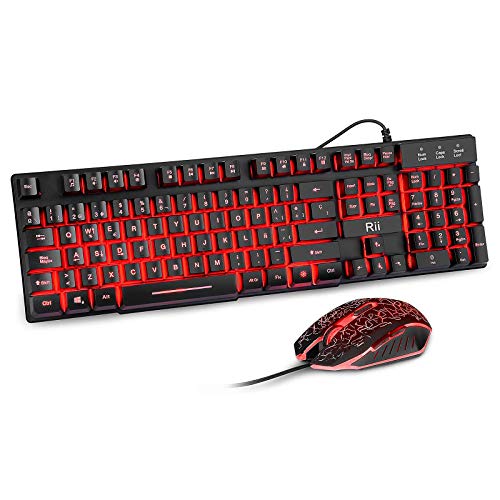 Rii RK108 Packs de Teclado y Ratón Gaming, Combo de Teclado y Ratón Avanzado Silencioso Tamaño Completo con USB Cable para Computadora Portátil, PC, QWERTY Español