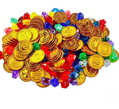 Rmeet Monedas Doradas de Pirata y Piedras Preciosas,72 Pack Plastico Monedas de Oro + 72 Pack Piratas Gemas de Pirata Conjunto para niños Juegos para Niños Infantiles