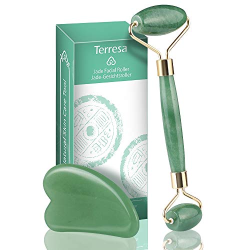 Rodillo De Jade, Terresa Facial Masaje Piedra Gua Sha Jade, Anti Aging Belleza Natural Dispositivo Herramienta, Masajeador Roller Tools, rejuvenece la piel de la cara y el cuello,piel que aprieta