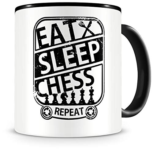 Samunshi® Taza de ajedrez con texto "Eat sleep chess repeat", regalo para jugadores de ajedrez, taza de café grande divertida para cumpleaños, color negro, 300 ml