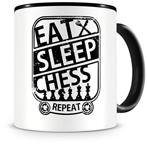 Samunshi® Taza de ajedrez con texto "Eat sleep chess repeat", regalo para jugadores de ajedrez, taza de café grande divertida para cumpleaños, color negro, 300 ml Samunshi® Taza de ajedrez con texto "Eat sleep chess repeat", regalo para jugadores de ajedrez, taza de café grande divertida para cumpleaños, color negro, 300 ml