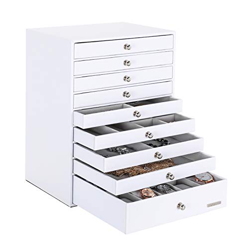 Seelux Caja Joyero Extra Grande, Organizador de Joyas de 9 Capas, Pendientes, Gafas de Sol, Pulseras, Relojes, Collares, Anillos, Regalo para Seres Queridos, Blanco Reutilizable