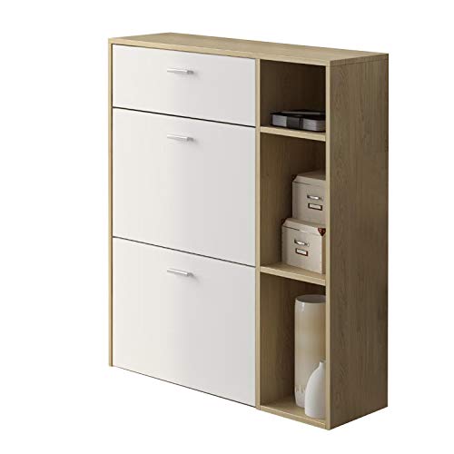 SelectionHome - Armario Zapatero, color estructura Puccini, color Blanco en las 2 puertas basculantes y el cajón, modelo Wind, medidas:  90 cm (ancho) x 101.5 cm (alto) x 26 cm (fondo)