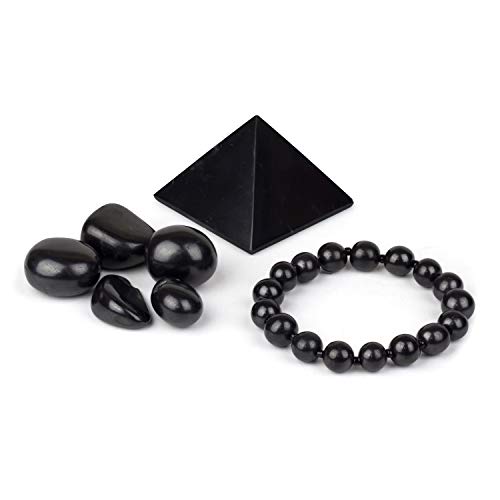 Set de Shungit de Iniciación | Pack Completo para Protección contra CEM, Ideal para Regalo | Kit de Iniciación de Piedras Shungita| Contiene Pirámide de 5 cm, Pulsera Elástica y 5 Piedras Pulidas