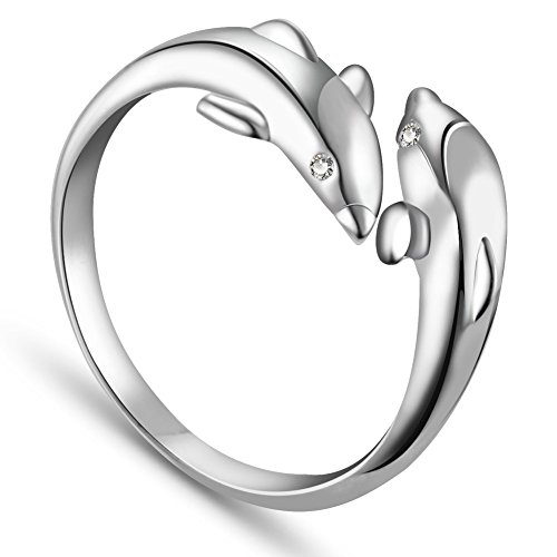 SHEGRACE Anillos de Mujer Anillos de Plata de Ley 925 con Doble Delfíns, Ajustable,16mm, Encantador Regalo para El Día de San Valentín Cumpleaños