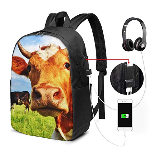 SNFDFS Mochila Bolsas con Puerto USB 15,6 Pulgadas, Moda Mochila De Viaje Camping Casual Mochila Cabeza De Ganado Vaca contra Pasto Mochila Escolar Mochila