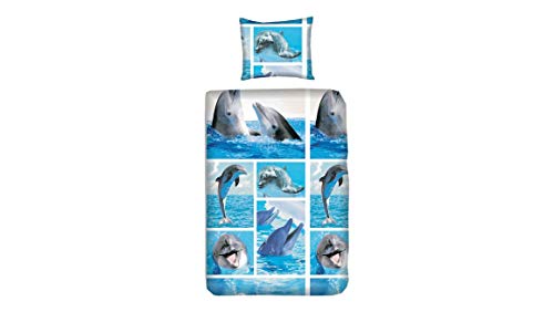 Snoozing Dauphins - Juego de cama infantil (100% algodón, 140 x 200/220 cm y 1 funda de almohada de 60 x 70 cm), diseño de delfín multicolor