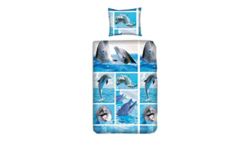 Snoozing Dauphins - Juego de cama infantil (100% algodón, 140 x 200/220 cm y 1 funda de almohada de 60 x 70 cm), diseño de delfín multicolor Snoozing Dauphins - Juego de cama infantil (100% algodón, 140 x 200/220 cm y 1 funda de almohada de 60 x 70 cm), diseño de delfín multicolor