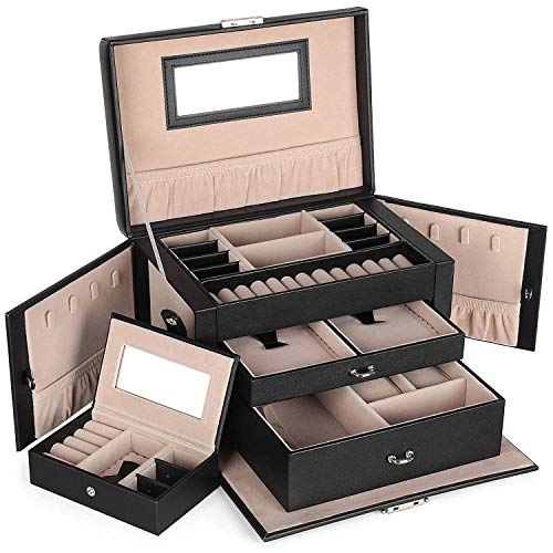 SONGMICS Joyero, Organizador de Joyas con 2 Cajones, Estuche con Cerradura y Espejo, Estuche de Viaje Portátil, para Anillos, Pulseras, Collares, Forro de Terciopelo, Regalo, Negro JBC121B