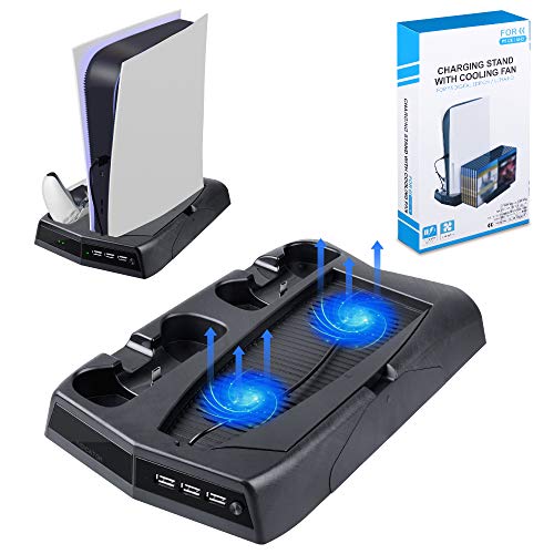 Soporte Vertical para Controlador para Sony Playstation 5 / PS5, Consola, Consola de Edición Digital, Estación de Carga con 2 Ventiladores, Cartucho de Juego Retráctil para Tarjetas de Juego PS5