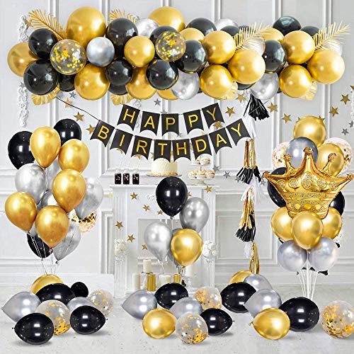 SPECOOL Decoraciones de Fiesta de Cumpleaños de Lujo con Pancarta de Feliz Cumpleaños en Oro Metálico, Globos de Confeti de Oro Negro Plateado, Globos de Lámina de Látex de Corona