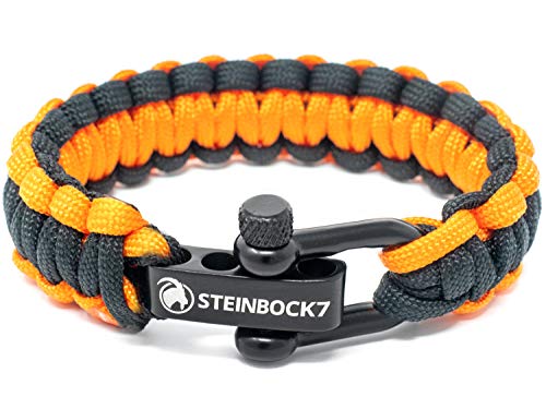 Steinbock7 - Pulsera de cuerda de supervivencia Paracord, color blanco, cierre ajustable de acero inoxidable brillante, incluye instrucciones para el trenzado (idioma español no garantizado)