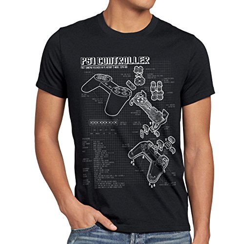 style3 PS1 Controlador Cianotipo Camiseta para Hombre T-Shirt Videojuego videoconsola Classic Gamer, Talla:M, Color:Negro