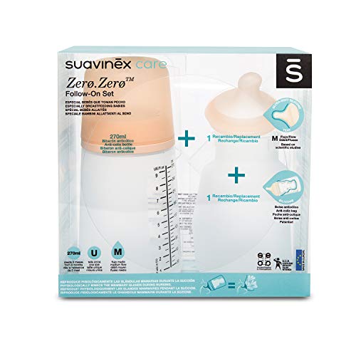 Suavinex Set Biberón Zero.Zero Anticólicos con Tetina y Bolsa, de Recambio, 270ml, Flujo Medio, Blanco Suavinex Set Biberón Zero.Zero Anticólicos con Tetina y Bolsa, de Recambio, 270ml, Flujo Medio, Blanco