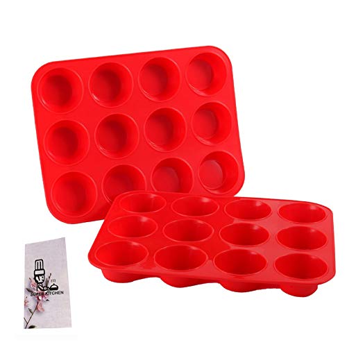 SUPER KITCHEN Grande Molde de Silicona para 12 Magdalenas, Juego de 2 Bandejas para Hornear Muffin con Recubrimiento Antiadherente para Muffins, Cupcake, Brownie, Budín 33 x 25x 3 cm (Rojo)