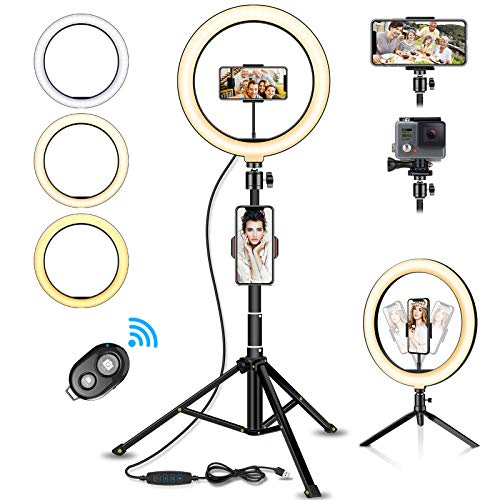 SYOSIN Luz de Anillo LED,Aro de Luz de 10.2" con Trípode Control Remoto Bluetooth,3 Modos de Luces 10 Brillos Regulable para Móvil Selfie,Fotografía,Maquillaje,Youtube,TIK Tok Live