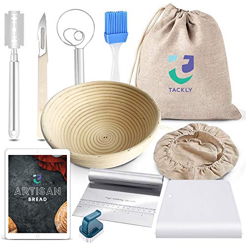 TACKLY Kit para Hacer Pan con Receta y Pack de Utensilios panadería – Banneton para Pan, Cesta de fermentación Masa – Cesta Pan casero con Bolsa, rasqueta panadera, raspador, Cuchilla greñar TACKLY Kit para Hacer Pan con Receta y Pack de Utensilios panadería – Banneton para Pan, Cesta de fermentación Masa – Cesta Pan casero con Bolsa, rasqueta panadera, raspador, Cuchilla greñar